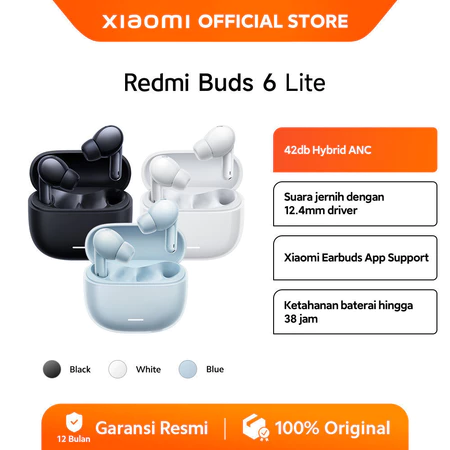 Xiaomi Redmi Buds 6 Lite | Baterai hingga 38 Jam | 40db Hybrid ANC | Suara jernih 12.4 mm driver | A