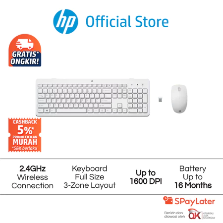 Mouse Wireless and Keyboard Combo HP 230 White 2.4 GHz Wireless Connection 1600 DPI Garansi 1 Tahun