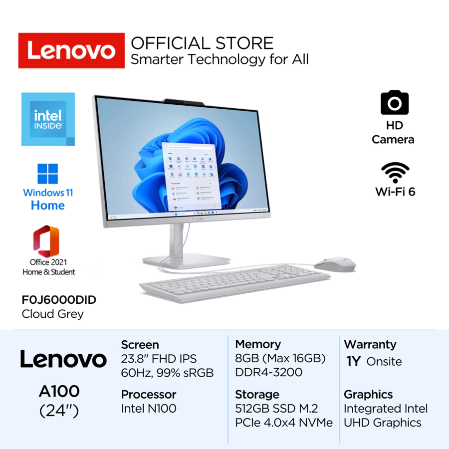 Lenovo PC AIO A100 0DID Intel N100 Win11 Home 8GB 512GB SSD 23.8" FHD IPS 250nits 60Hz 99% sRGB