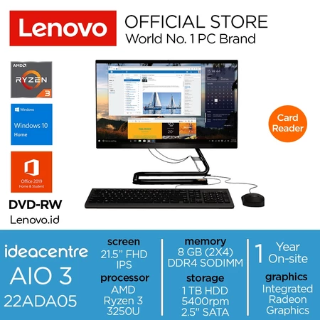 Lenovo PC IdeaCentre AIO 3 22ADA05 Ryzen 3 3250U Win10 Home 8GB 1TB HDD SATA 21.5" FHD IPS Inte