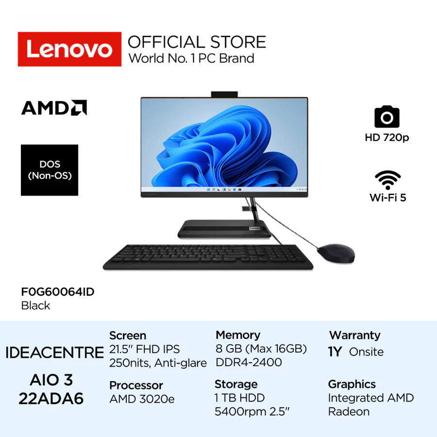 Lenovo PC IdeaCentre AIO 3 22ADA6 AMD 3020e DOS 8GB 1TB HDD 2.5" SATA 21.5" FHD IPS Integr