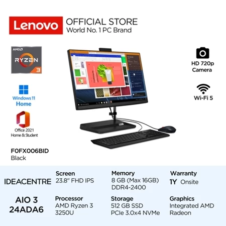 Lenovo PC IdeaCentre AIO 3 24ADA6 Ryzen 3 3250U Win11 OHS 8GB 512GB SSD 23.8" FHD IPS Integrate