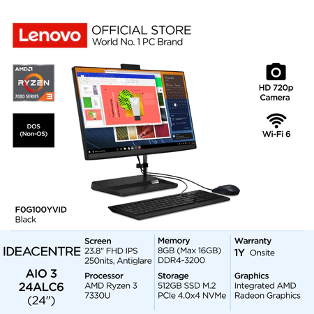 Lenovo PC IdeaCentre AIO 3 24ALC6 YVID AMD Ryzen 3 7330U DOS 8GB 512GB SSD 23.8" FHD IPS 250nit