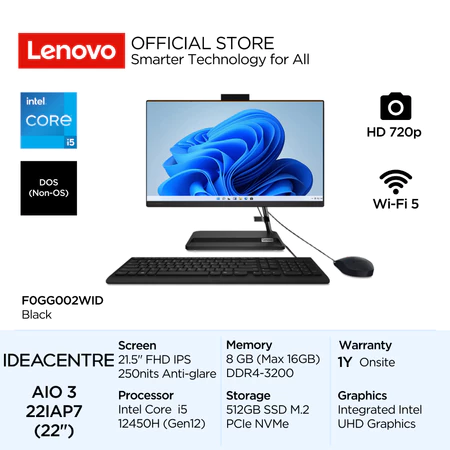 Lenovo PC IdeaCentre AIO 3i 22IAP7 Intel Core i5 12450H DOS 8GB 512GB SSD 21.5" FHD IPS 72% NTS