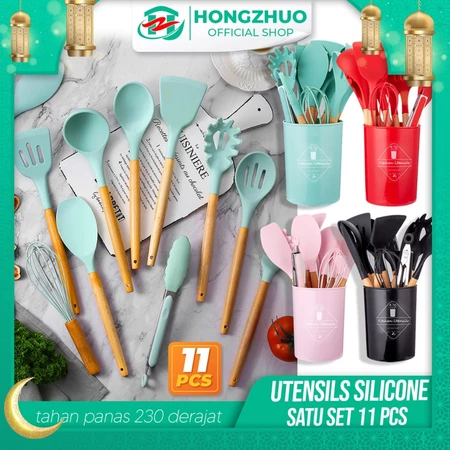 Hongzhuo Silicone Utensil 11Pcs+Wadah Spatula Peralatan Masak Sutil Pegangan Kayu Baking Set Alat Ma