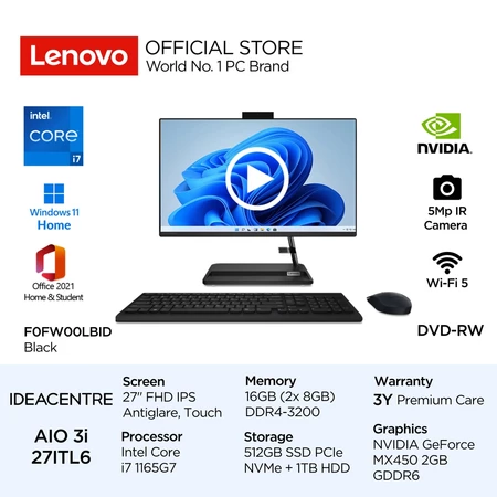 Lenovo PC IdeaCentre AIO 3i 27ITL6 Intel Core i7 1165G7 Win11 Home 16GB 512GB SSD 1TB HDD 27" F