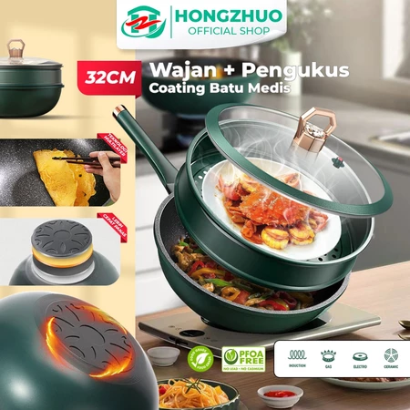 Hongzhuo [COD] Emerald Green Wajan Batu Medis dengan Steamer 32 CM Anti Lengket Hijau Premium Panci