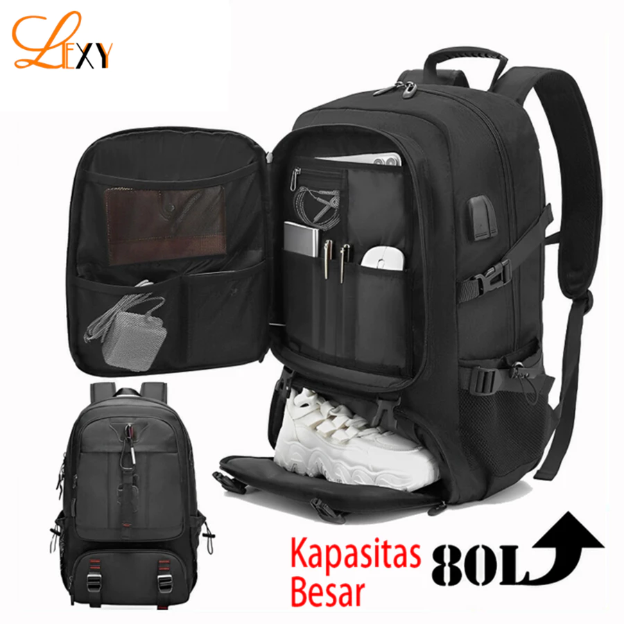 LEXY Tas Ransel Perjalanan Pria 50-80L Tas Gunung Tahan Air Multifungsi Luar Ruangan Kapasitas Besar
