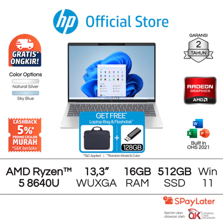 Laptop HP Pavilion Aero - OmniBook 7 Aero [NEW] AMD Ryzen 5 Radeon 16GB RAM 512GB SSD Silver / Blue Windows 11 Home 13.3 Inchi HP Komputer Official Store