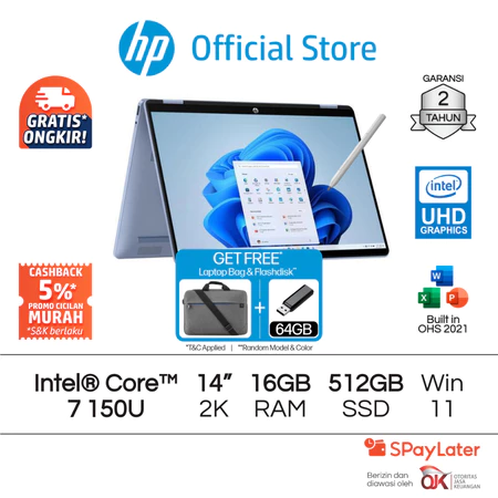 Laptop HP Pavilion x360 2 in 1 - OmniBook 5 Flip [NEW] Intel Core 7 UHD 16GB RAM 512GB SSD Silver / Blue Free Windows 11 Home 14 Inchi HP Komputer Official Store