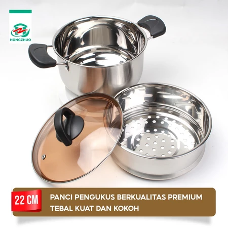 Hongzhuo Panci Kukus Panci Mpasi Steam Pot 2 Tingkat Full Stainless Steel 22cm Tutup Kaca Hongzhuo Official Store