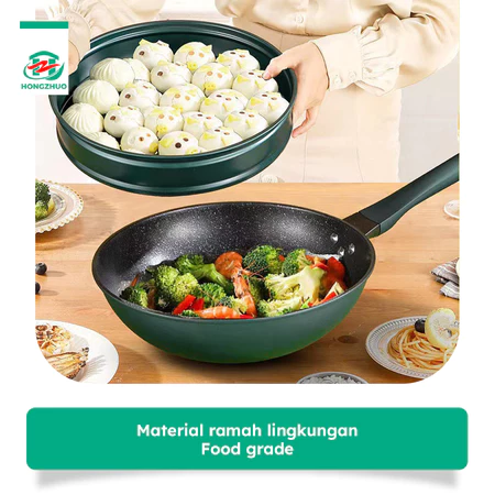 Hongzhuo 3IN1 Emerald Green Wajan Batu Medis dengan Steamer 32 CM Anti Lengket Hijau Premium Panci Kukus Serba Guna 32cm Hongzhuo Official Store