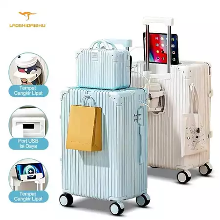 Laoshidaishu Koper Travel 20 inch Pengisi Daya USB Tas Troli Tempat Gelas Air Wanita 24 inch Casing Penerbangan 22 Inci Laoshidaishu Official Store
